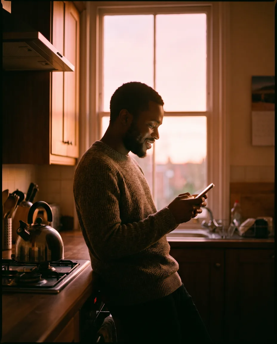 A surveyor leans against his kitchen counter at dusk, smiling at his phone, kettle beside him and a pink evening sky through the window