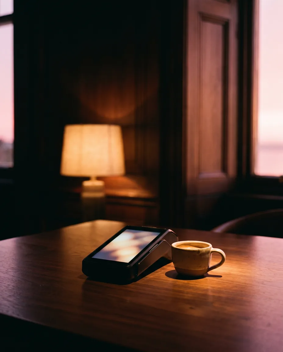A card terminal with a softly glowing screen beside an espresso cup on a dark walnut table, warm lamplight and a pink sky at the windows