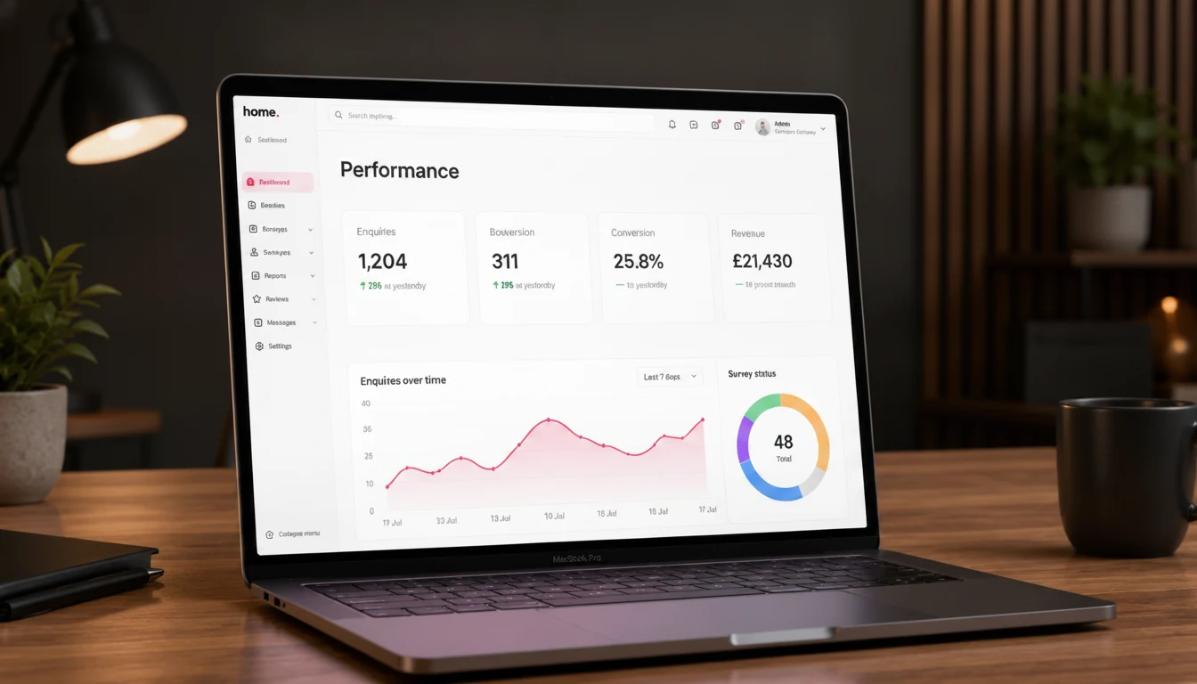 The real Performance dashboard on a MacBook — headline metrics, pipeline funnel, report turnaround and team performance widgets on one dark board