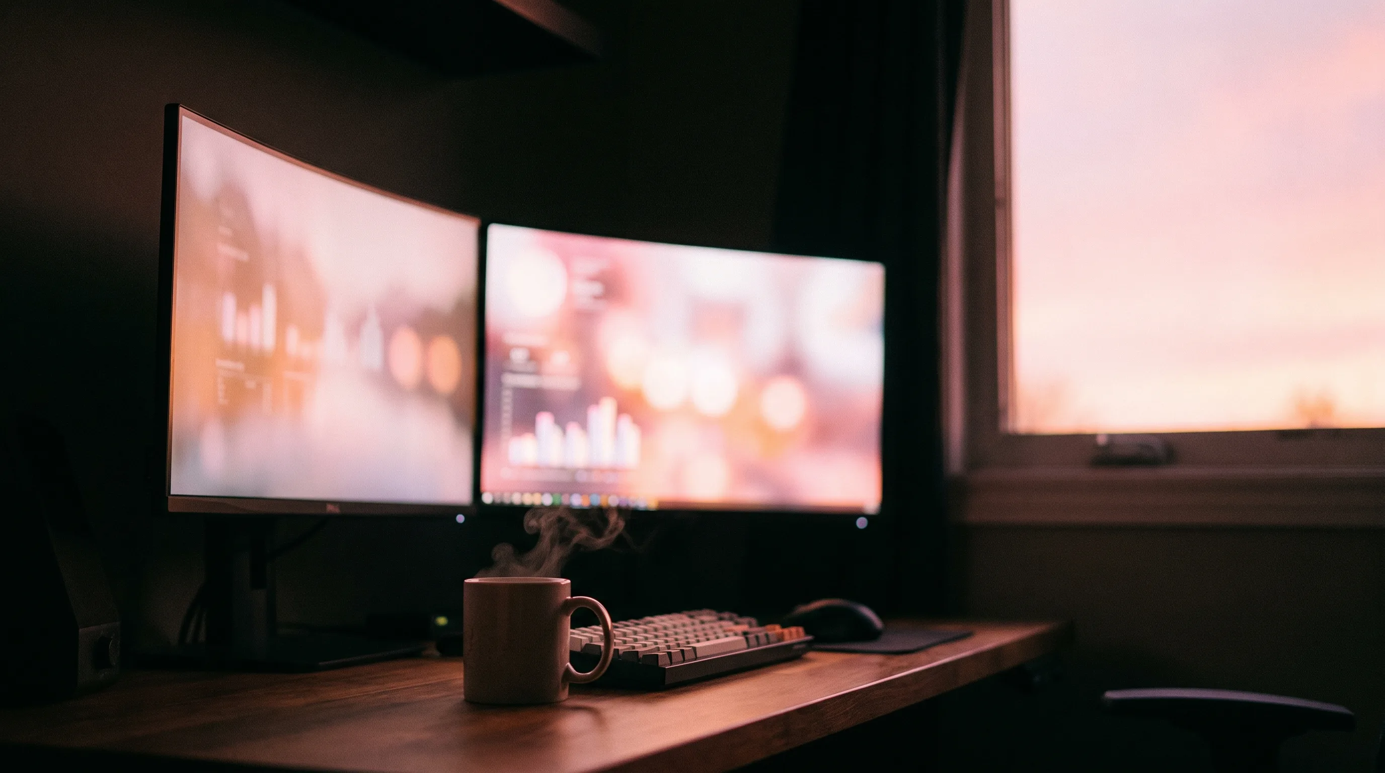 A two-screen desk in a dark home office at dawn, both monitors glowing softly with dashboard charts, rose-pink sunrise light through the window behind