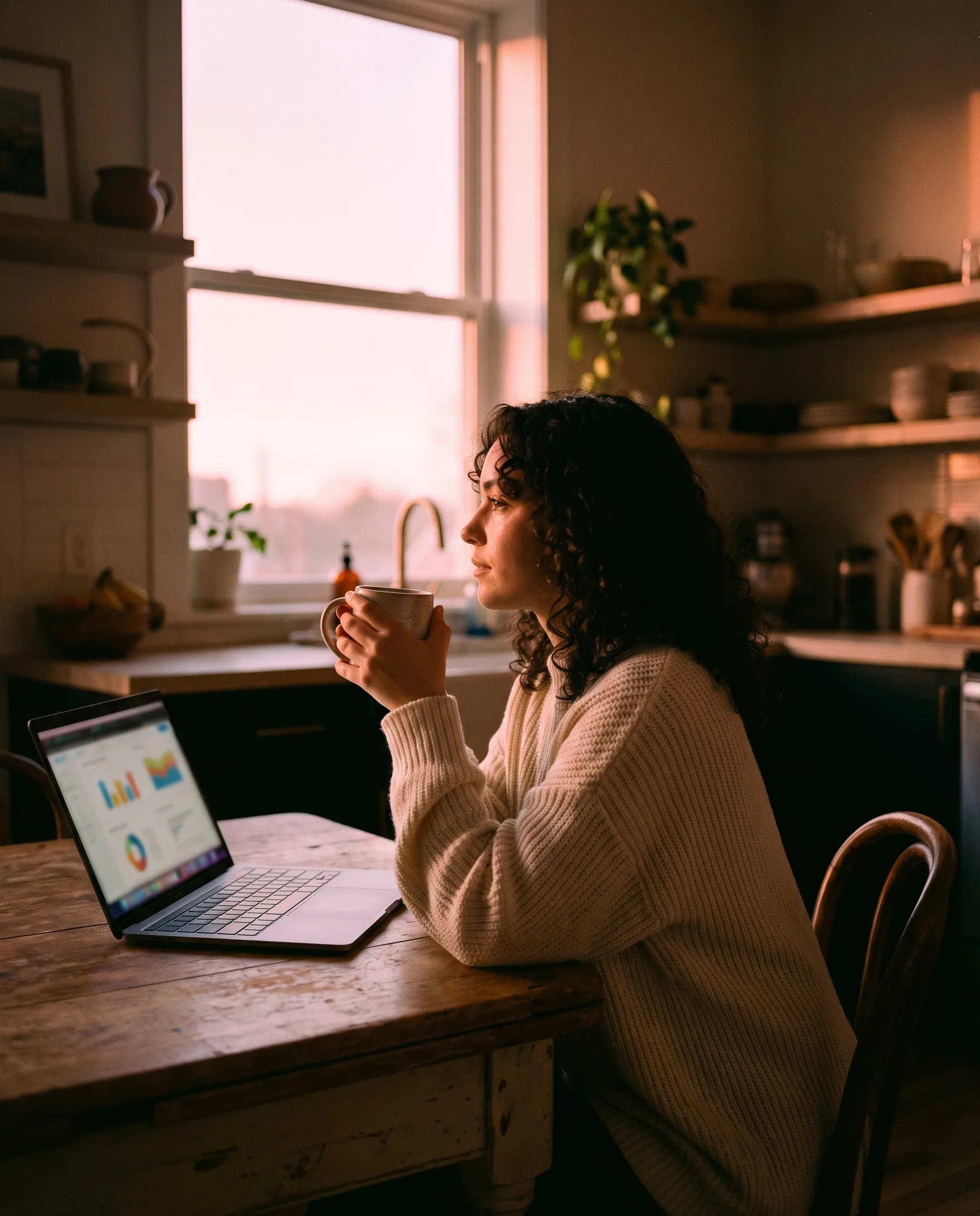 A firm owner at her kitchen table at dawn, laptop open on soft-glowing charts, mug of tea cupped in both hands