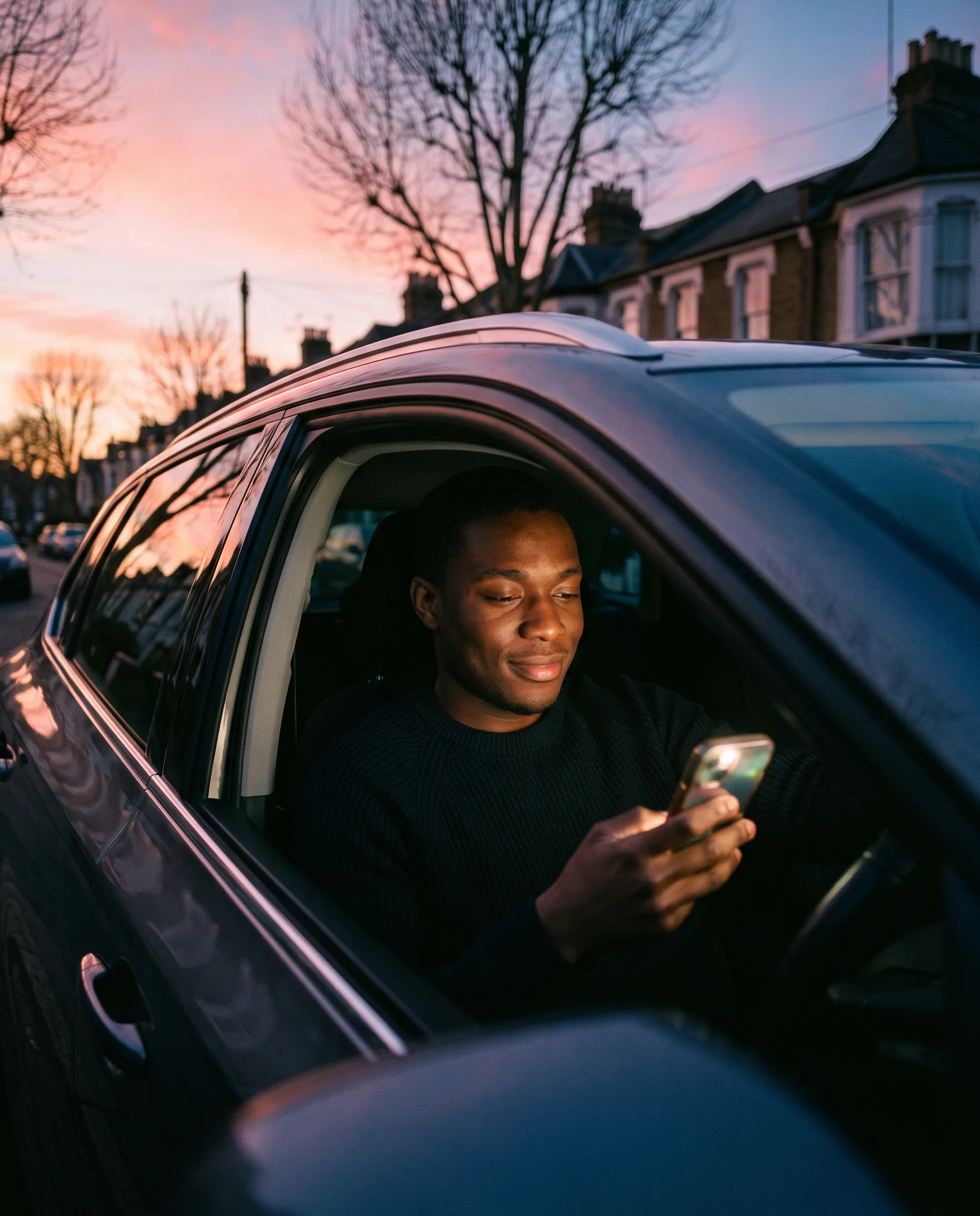 A surveyor in the driver's seat of his car at sunrise, glancing at the dashboard on his phone between appointments