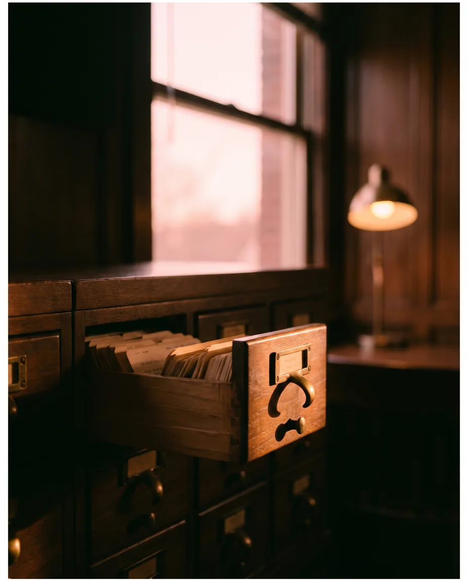 A wooden card-catalogue drawer pulled half open in warm lamplight, pink dawn light in the window behind