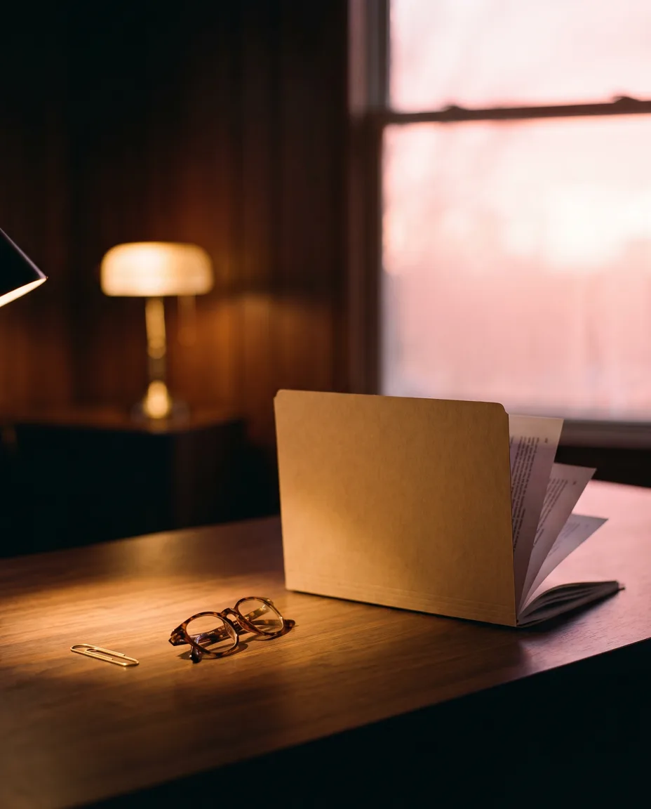 An open property folder on a walnut desk in warm lamplight, reading glasses beside it