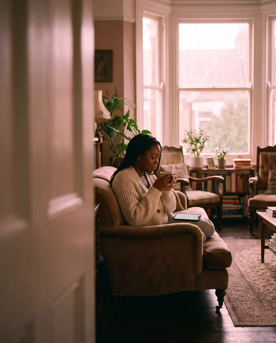 A surveyor curled on a sofa with tea at dawn, reading the property file on her phone before a site visit
