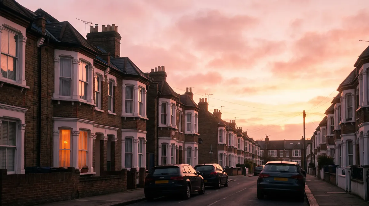 A quiet street of Victorian terraces at pink sunrise, one warm window lit