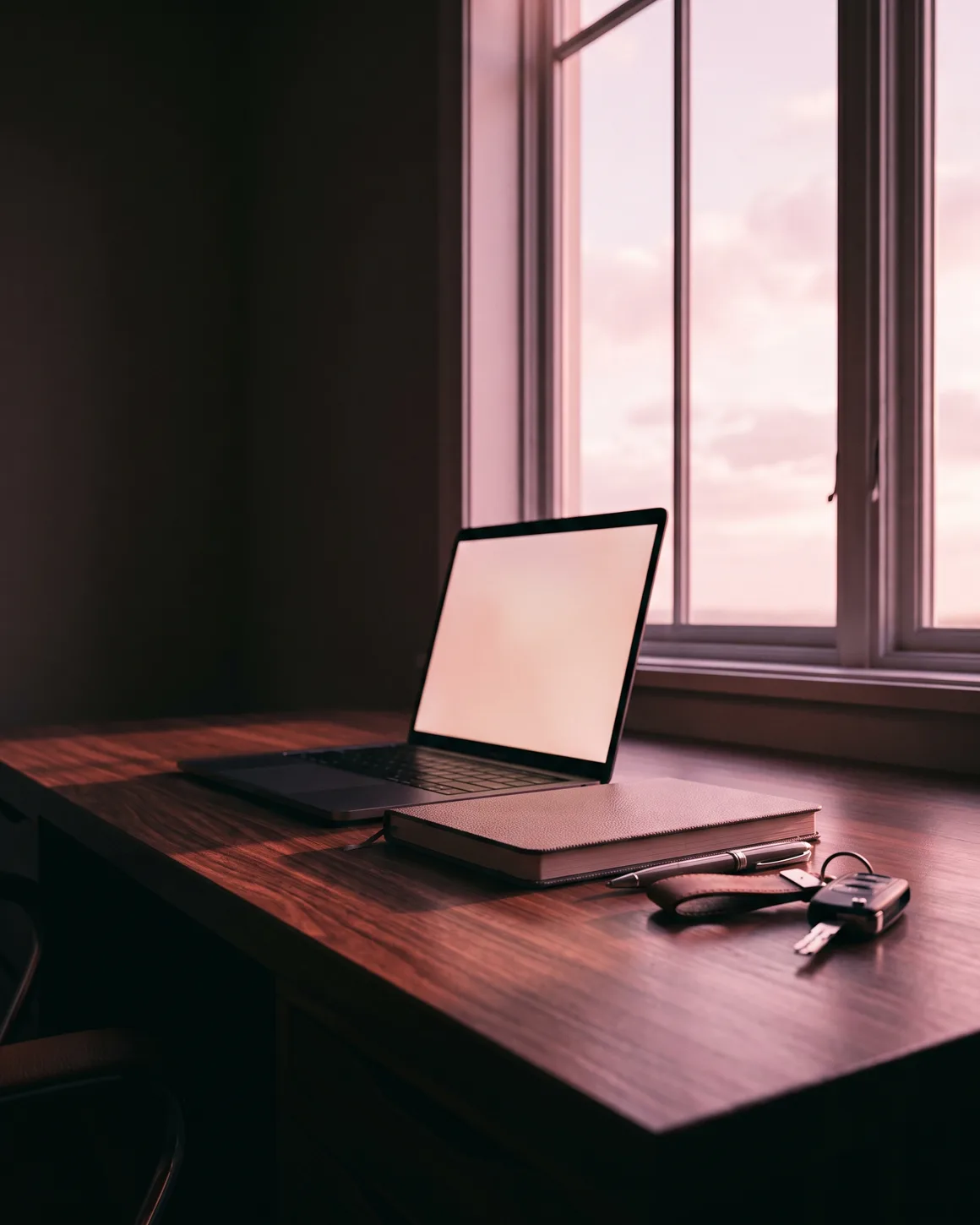 A laptop glowing on a dark walnut desk at dawn, notebook and car keys beside it, soft pink light through the window