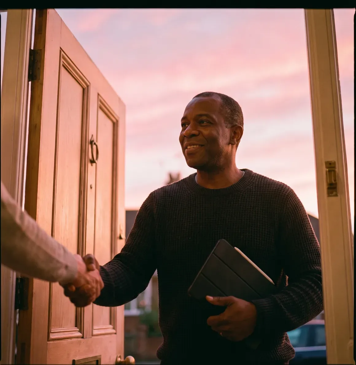 A surveyor greeted at the front door with a handshake at golden hour, tablet under one arm, pink sky behind