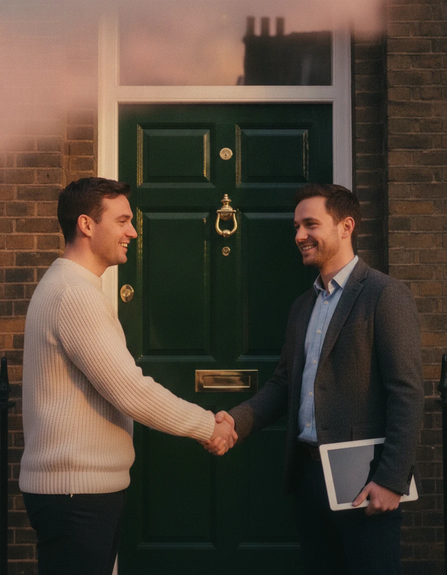 A homeowner shakes hands with a departing surveyor on the step of a period London front door under a pink dusk sky