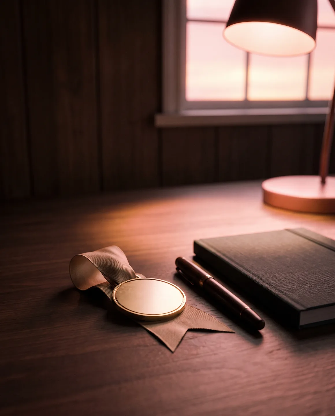 A blank brass medallion on a ribbon beside a fountain pen and notebook on a walnut desk in rose lamplight