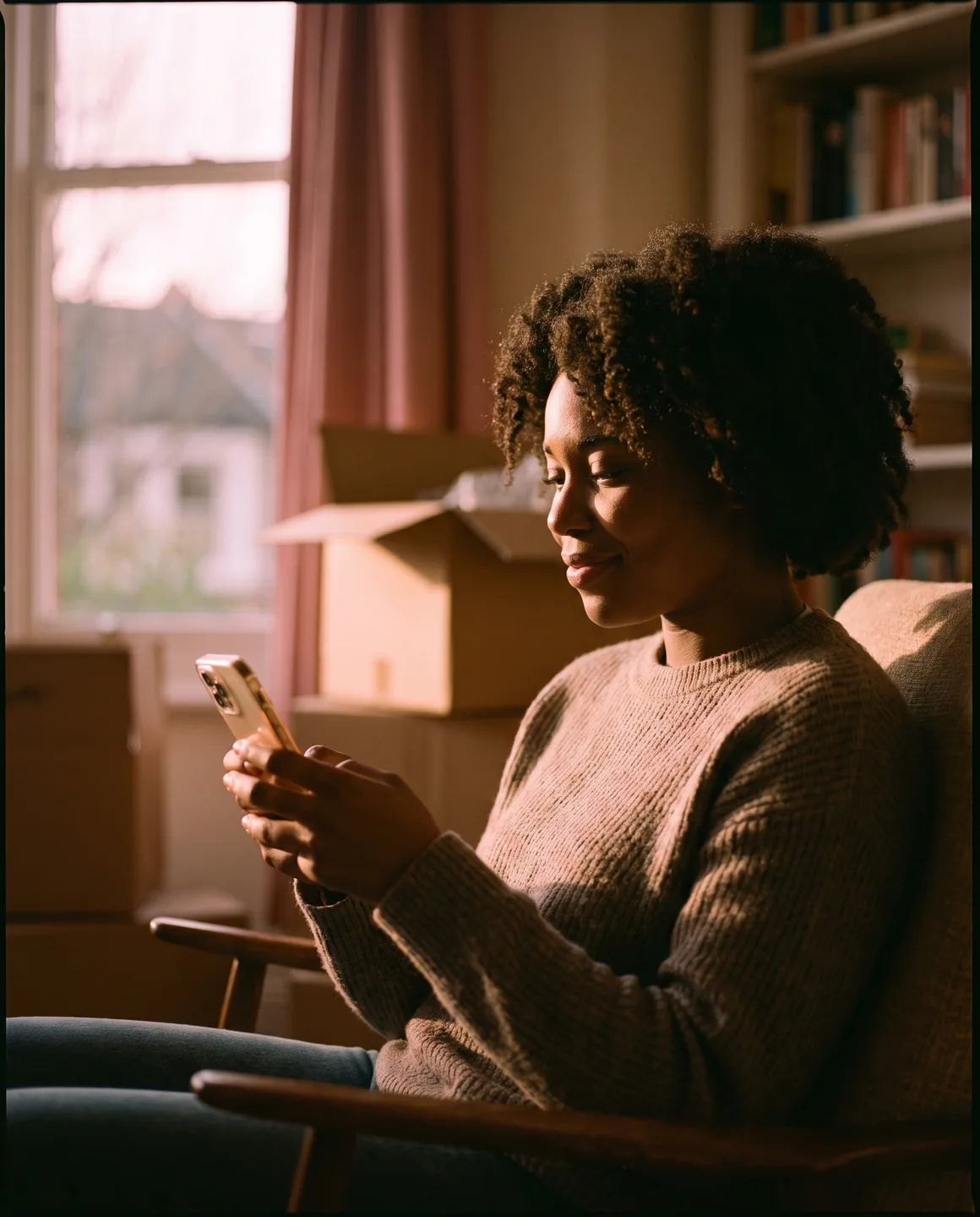 A homemover in her new living room, moving boxes behind her, reading something reassuring on her phone in warm dawn light