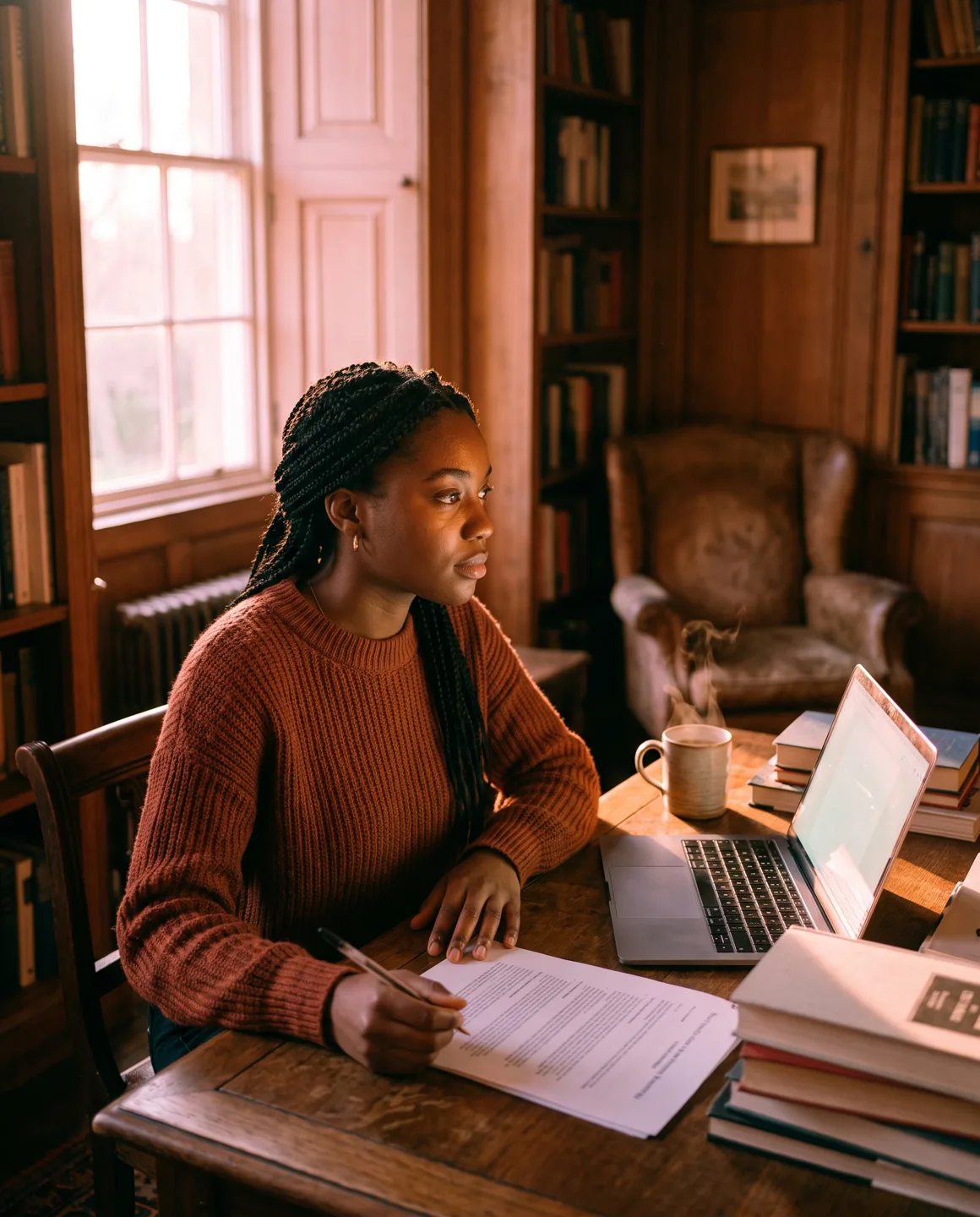 A surveyor pauses mid-edit at a study desk at dawn, pen in hand, reading a printed report page