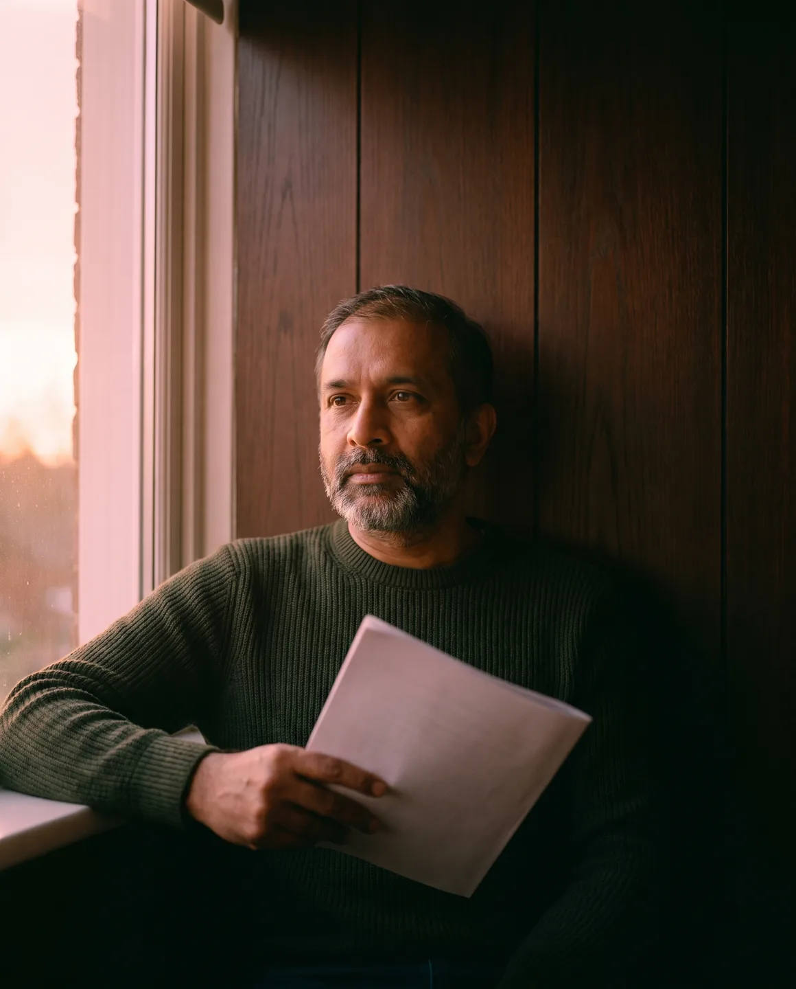 A practice principal by a window at dusk, holding a printed report, warm pink light