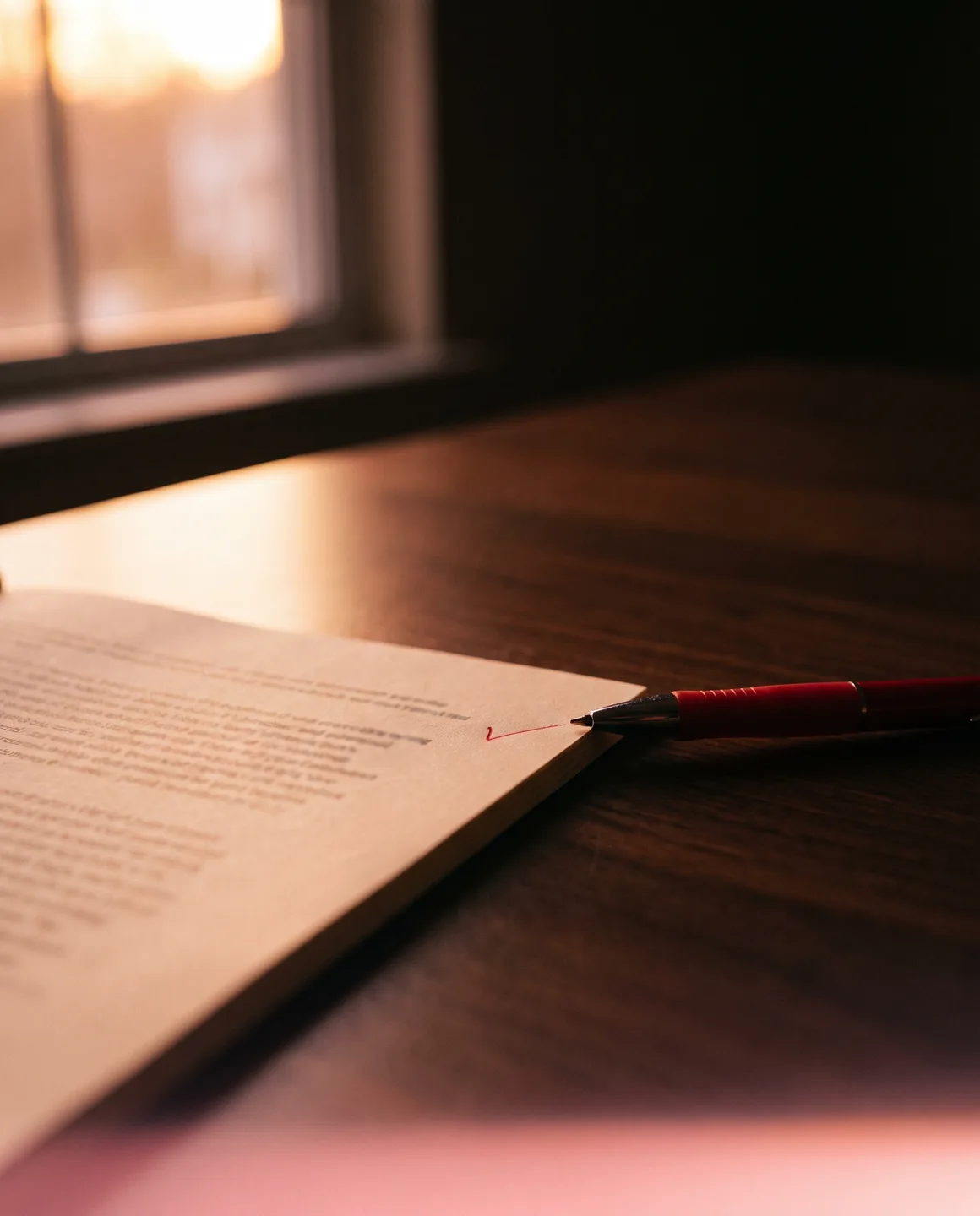 A red pen resting on a printed report page beside a small red tick, in warm lamplight at dusk