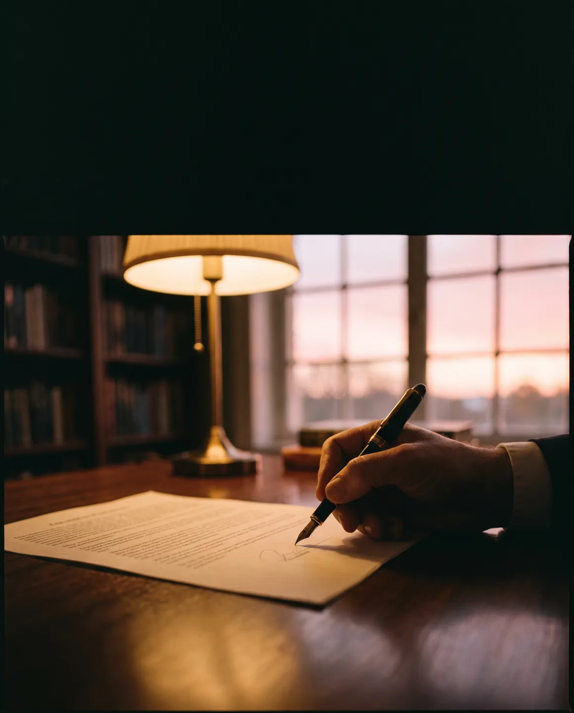 A hand holding a fountain pen poised above the signature line of a printed document at sunset