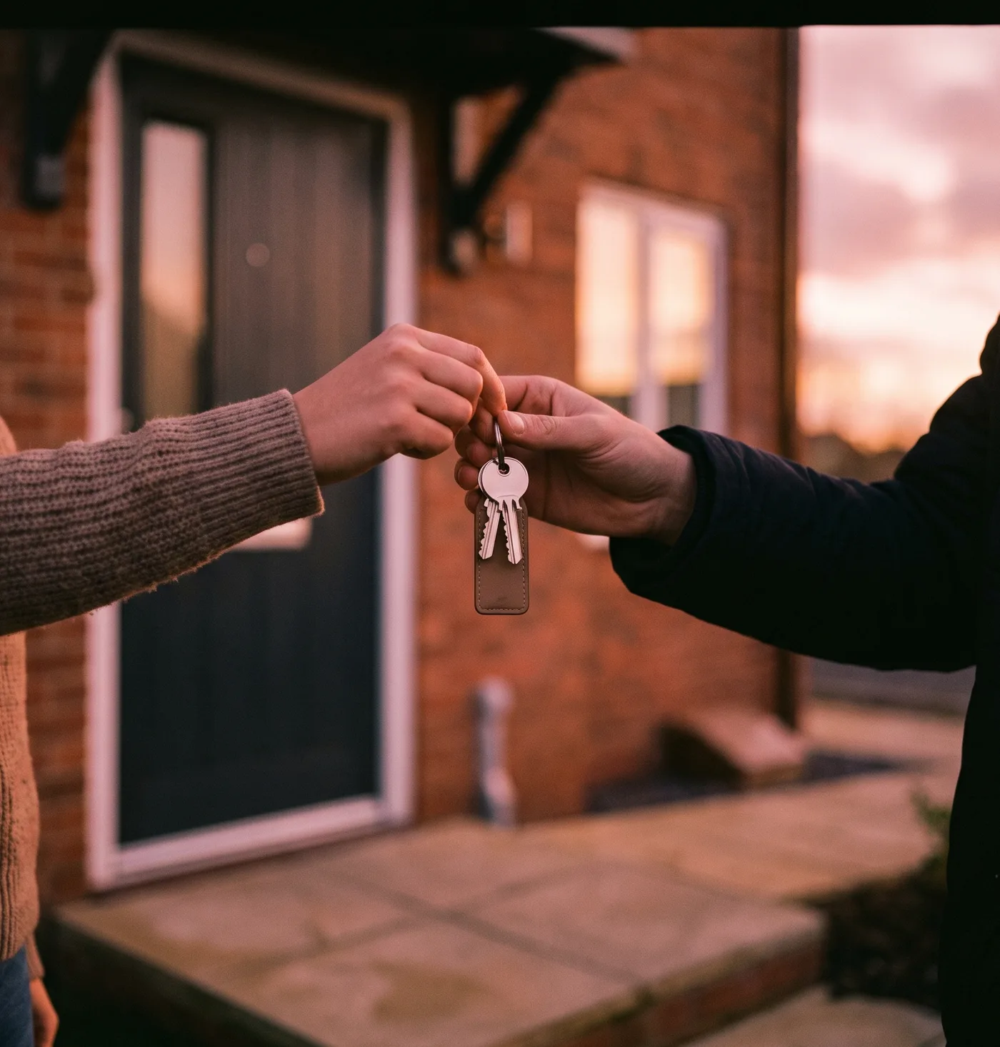 A set of house keys passing from one hand to another on the doorstep of a new-build home at dusk