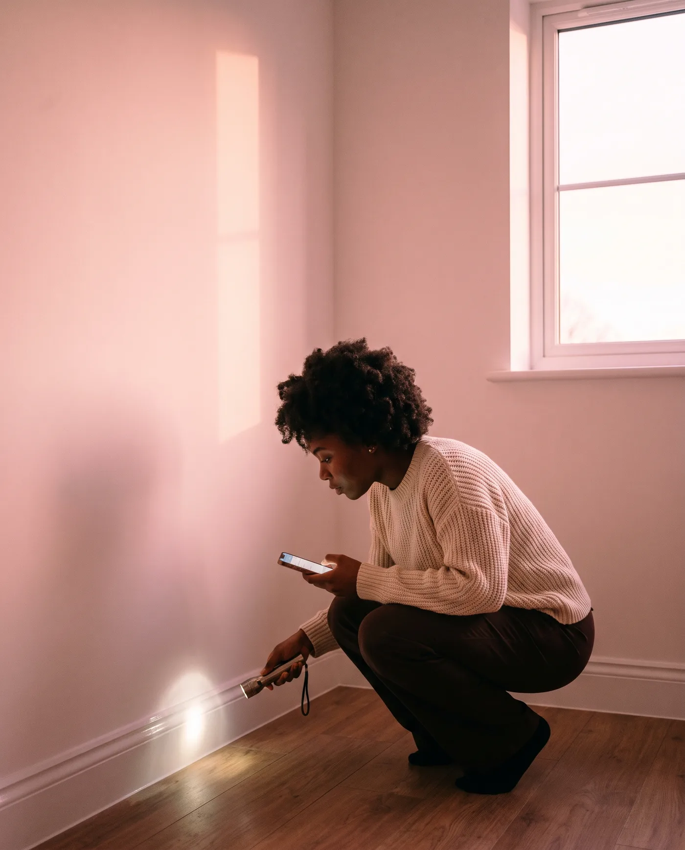 An inspector crouched at a skirting board in an empty new-build room, shining a torch along the joint with her phone in her other hand