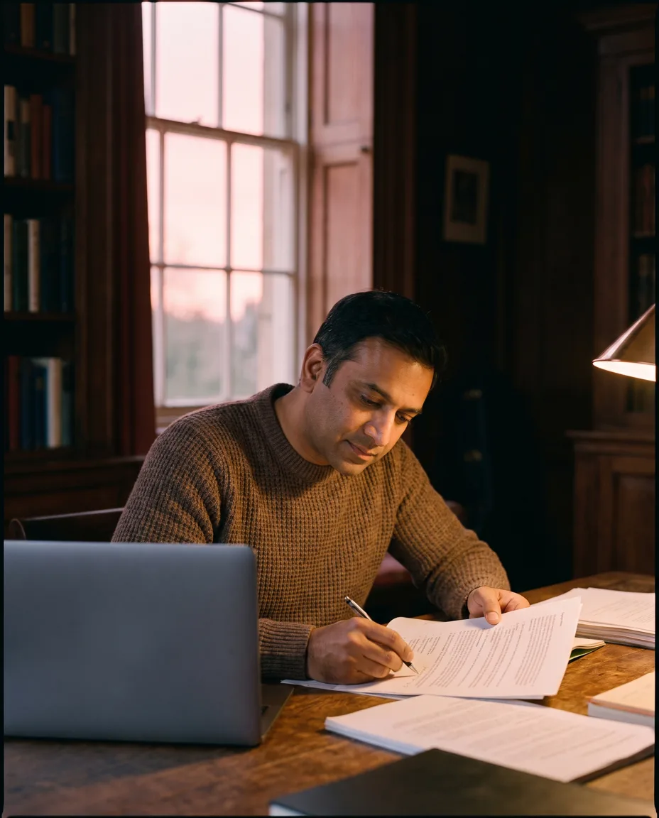 A principal surveyor annotates a printed report page with a pen at a lamplit desk at dusk