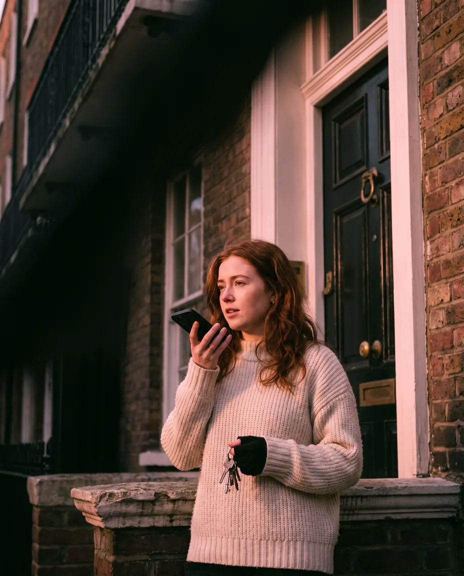 A surveyor on the step of a period London front door dictating a note into her phone in warm pink evening light