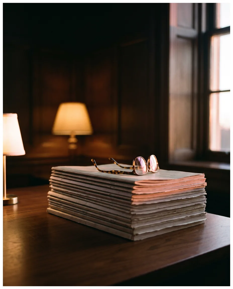 A tall stack of bound survey reports with reading glasses resting on top, in a pool of warm lamplight