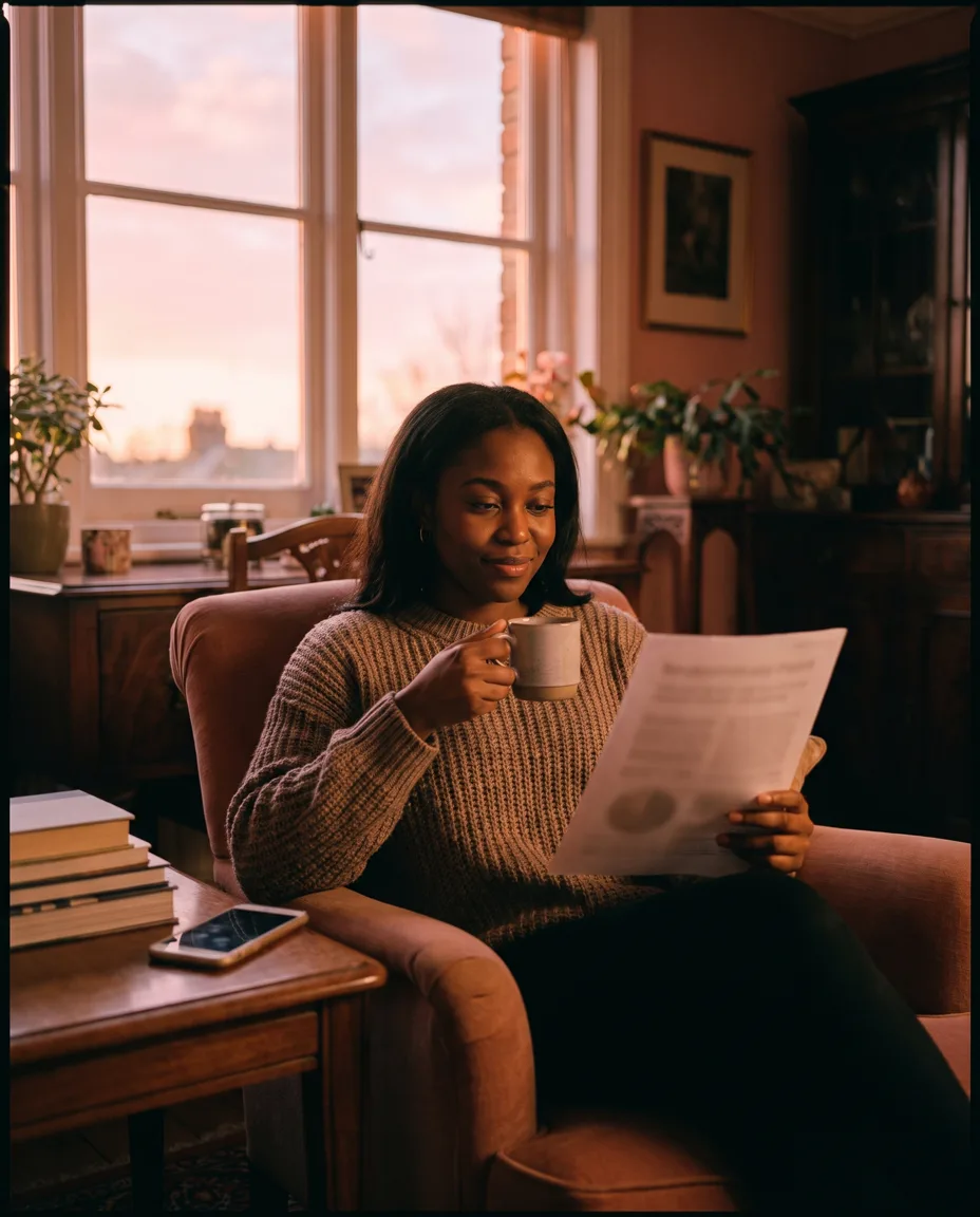 A surveyor reviews the wording on a printed report page with a coffee, pink sunrise light through the window
