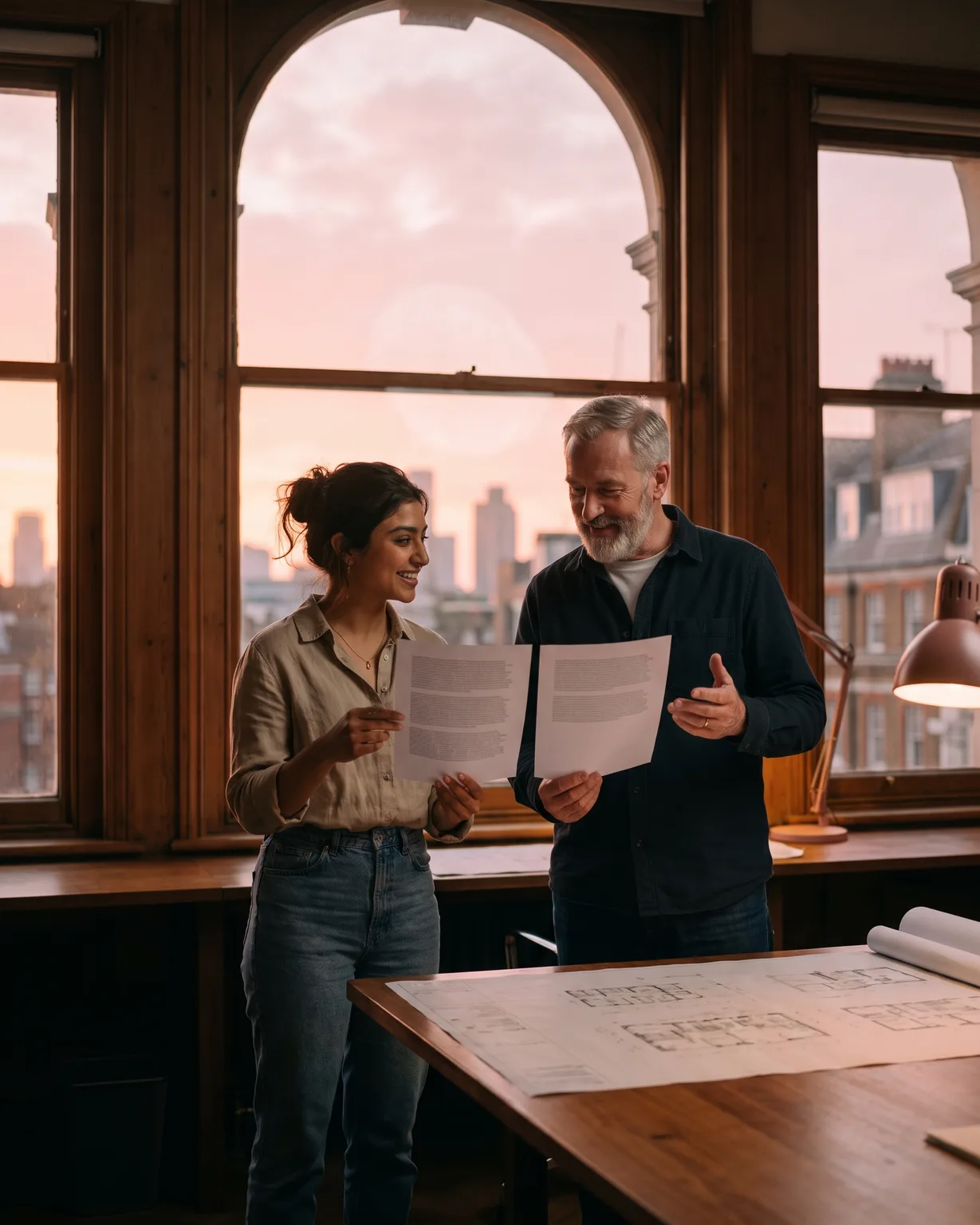 Two surveyors at a sunlit desk comparing two printed reports side by side