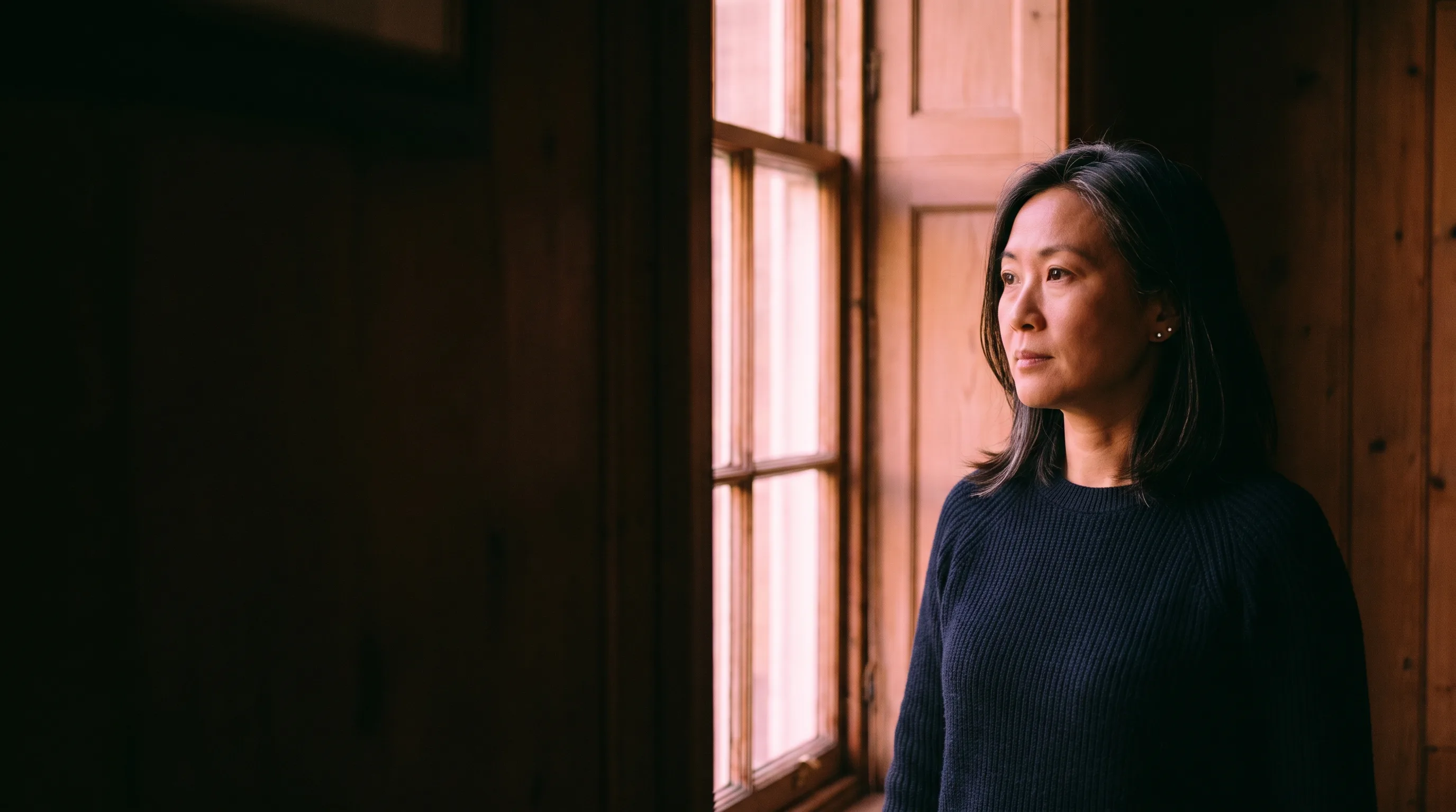 An intimate warmly-lit portrait of a principal surveyor against a dark panelled backdrop, soft rose-gold key light from one side