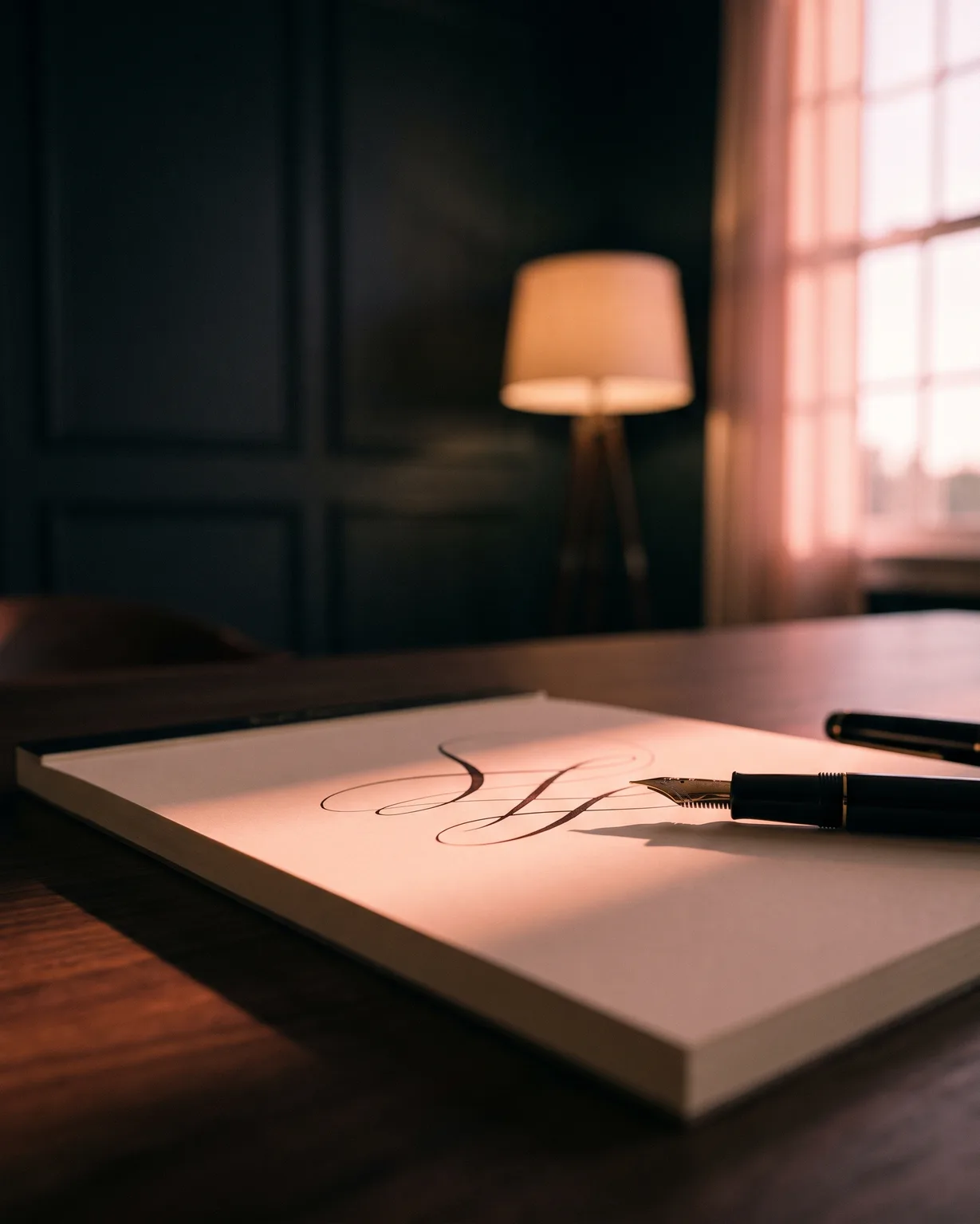 A fountain pen resting mid-stroke on cream paper with a flowing signature flourish, in warm lamplight