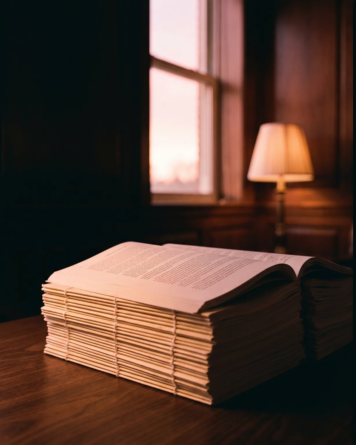 A tall stack of bound survey reports on a walnut desk, the top one open, in a pool of warm rose-gold lamplight