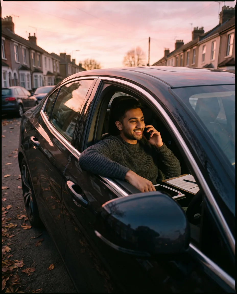 A surveyor takes a call on his mobile from the driver's seat of his car on a terraced street at dusk