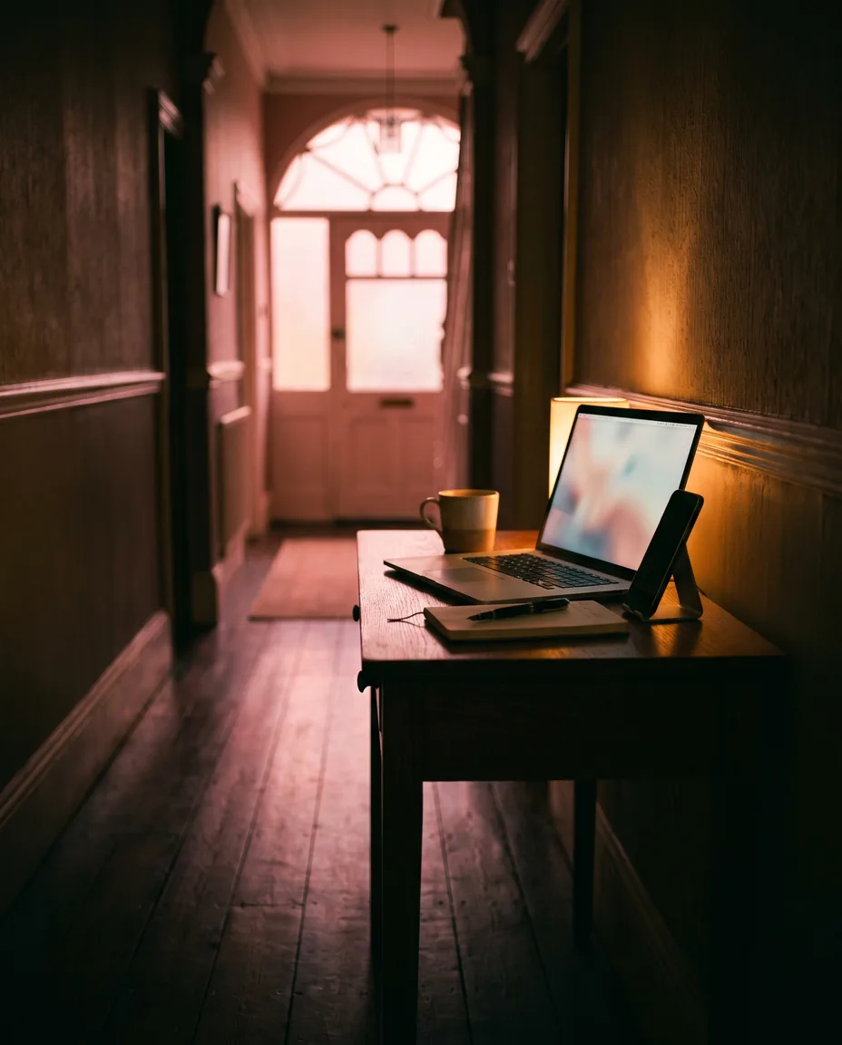 A quiet hallway desk with an open laptop and a phone on a stand, warm lamplight, pink dusk through the front door beyond