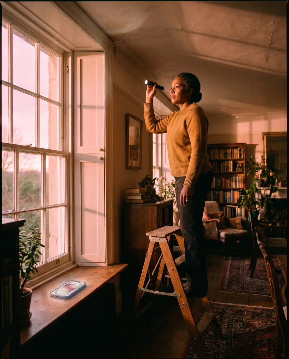 A surveyor on a step ladder inspects a ceiling corner with a torch while her phone lights up with a call on the windowsill below