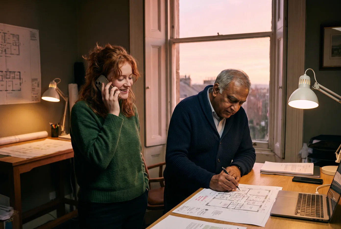 Two colleagues in a small surveying office at dusk — one takes a call on her mobile while the other annotates a floor plan