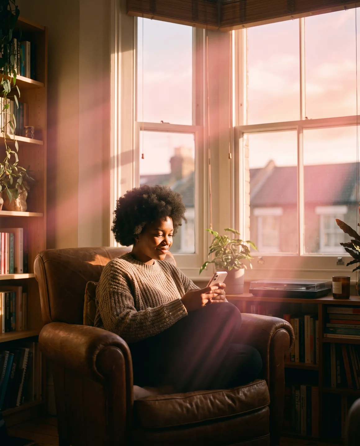A surveyor in an armchair by a bay window at sunset, reviewing her firm's new website on her phone with a quiet smile